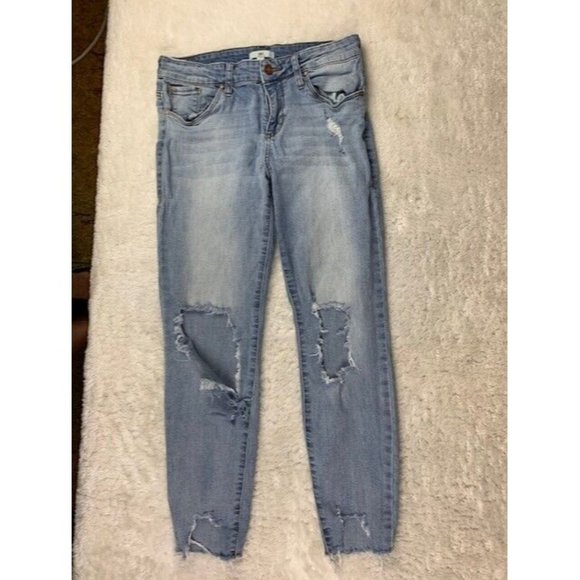 BP Size 29 Womens Jeans Rip Torn Distressed Tapered Raw Hem Stretch Mid … - Picture 1 of 3